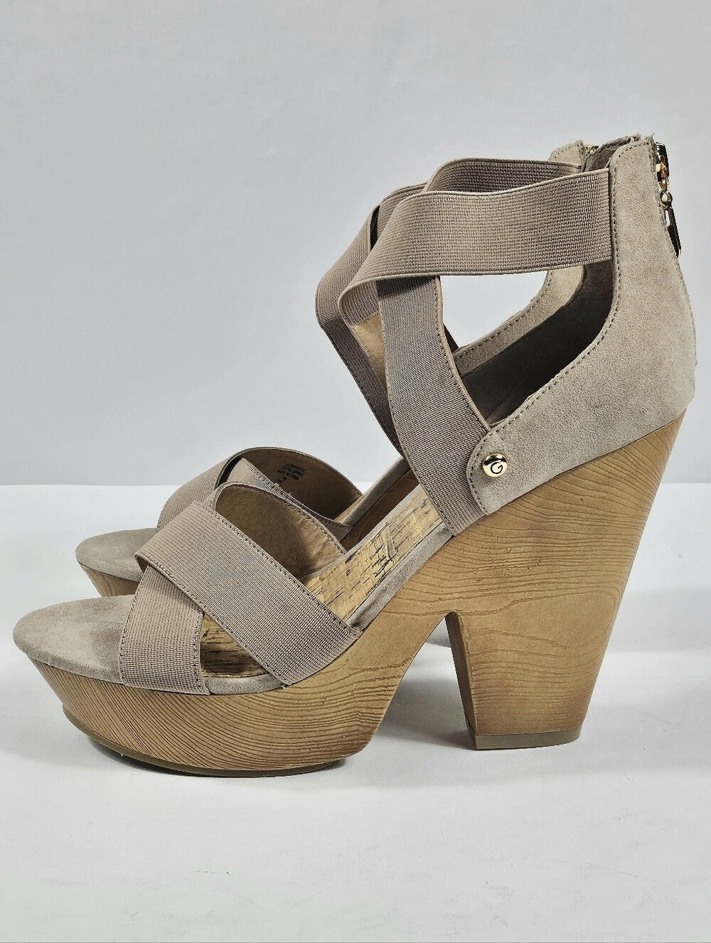 G By Guess Sirrah Beige Taupe Faux Suede Cross Strap Woodgrain Platform Sandal - Picture 7 of 16